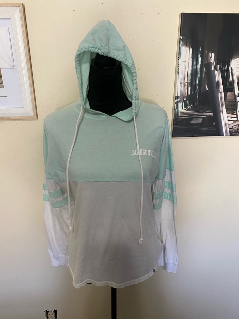 Popular Basics Mint Green and White Hooded Long Sleeve Tee